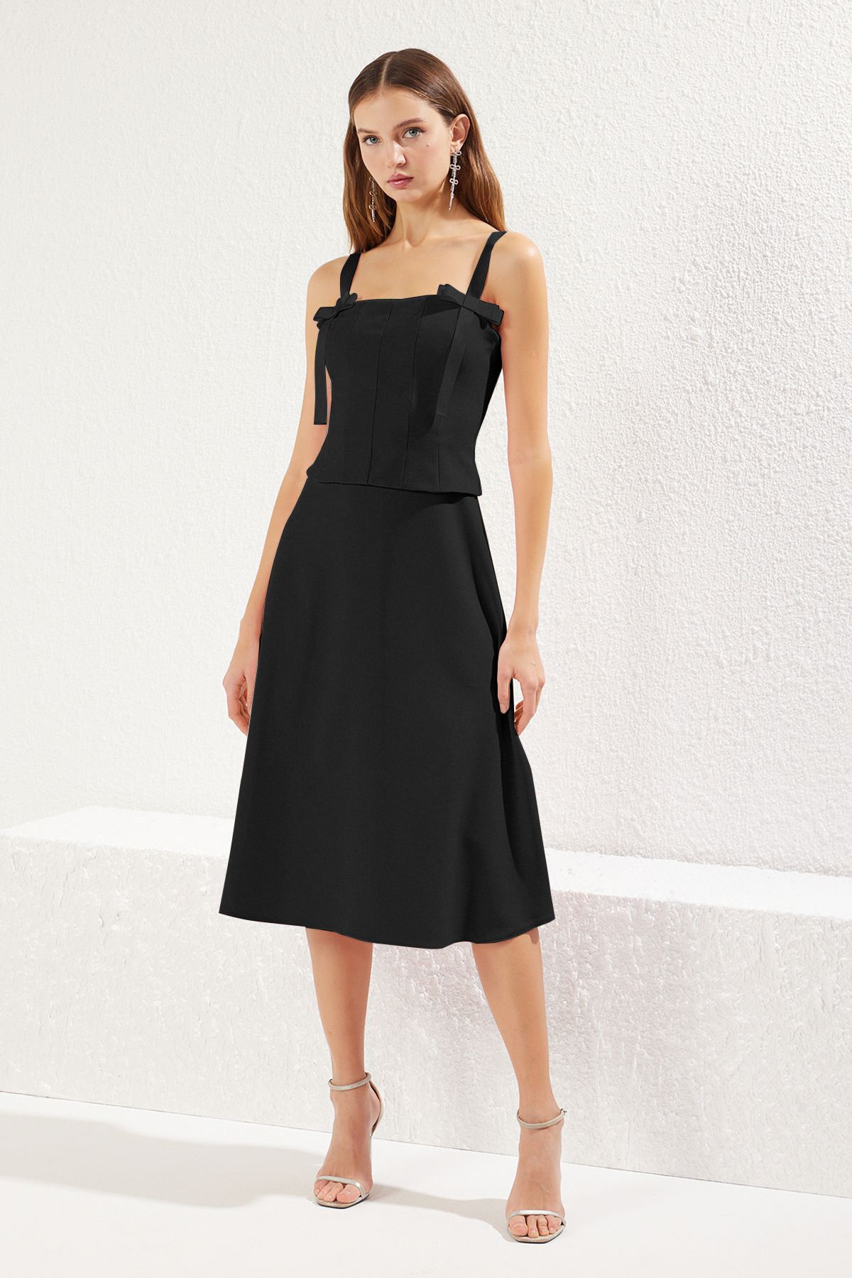 Trendyol Collection Czarna Sukienka Midi Z Kokardą W Kształcie Litery A, Tkana, Elegancka, Wieczorowa, Na Studniówkę Kobieta - 34