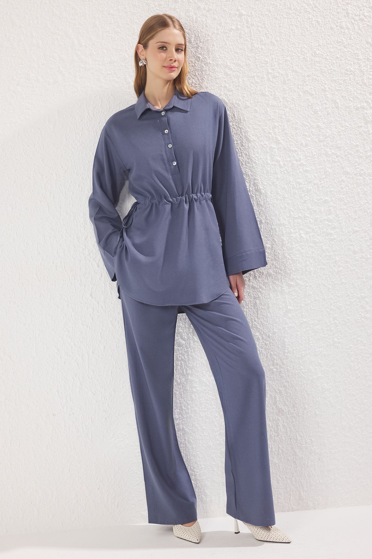 Trendyol Modest-Navy Blue Linen Blended Mother of Pearl Button Woven Bottom-Top Suit Tctss25Us00028 2