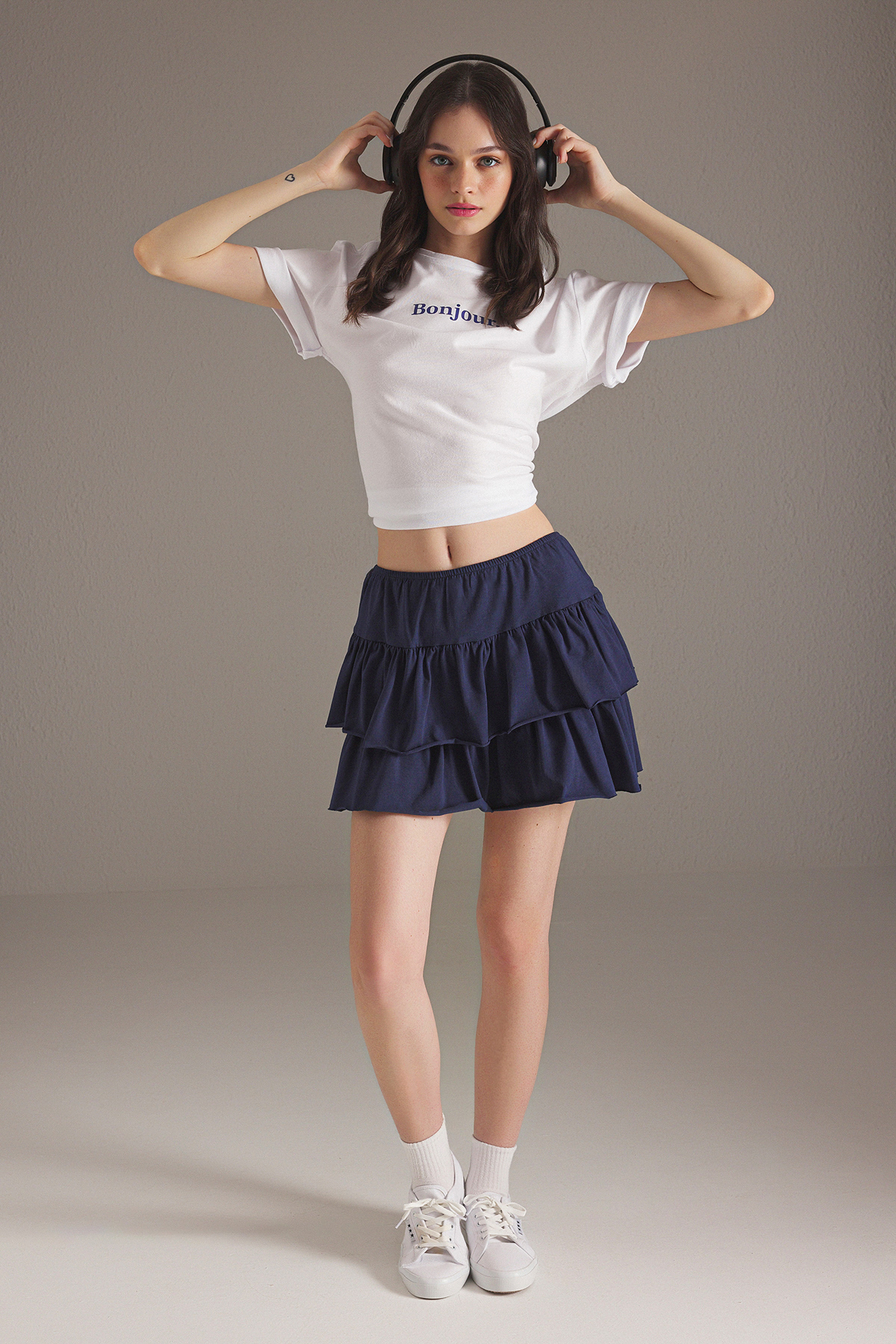 Trendyolmilla  Lacivert Eteği Fırfırlı Mini Esnek Örme Etek TWOSS25ET00086