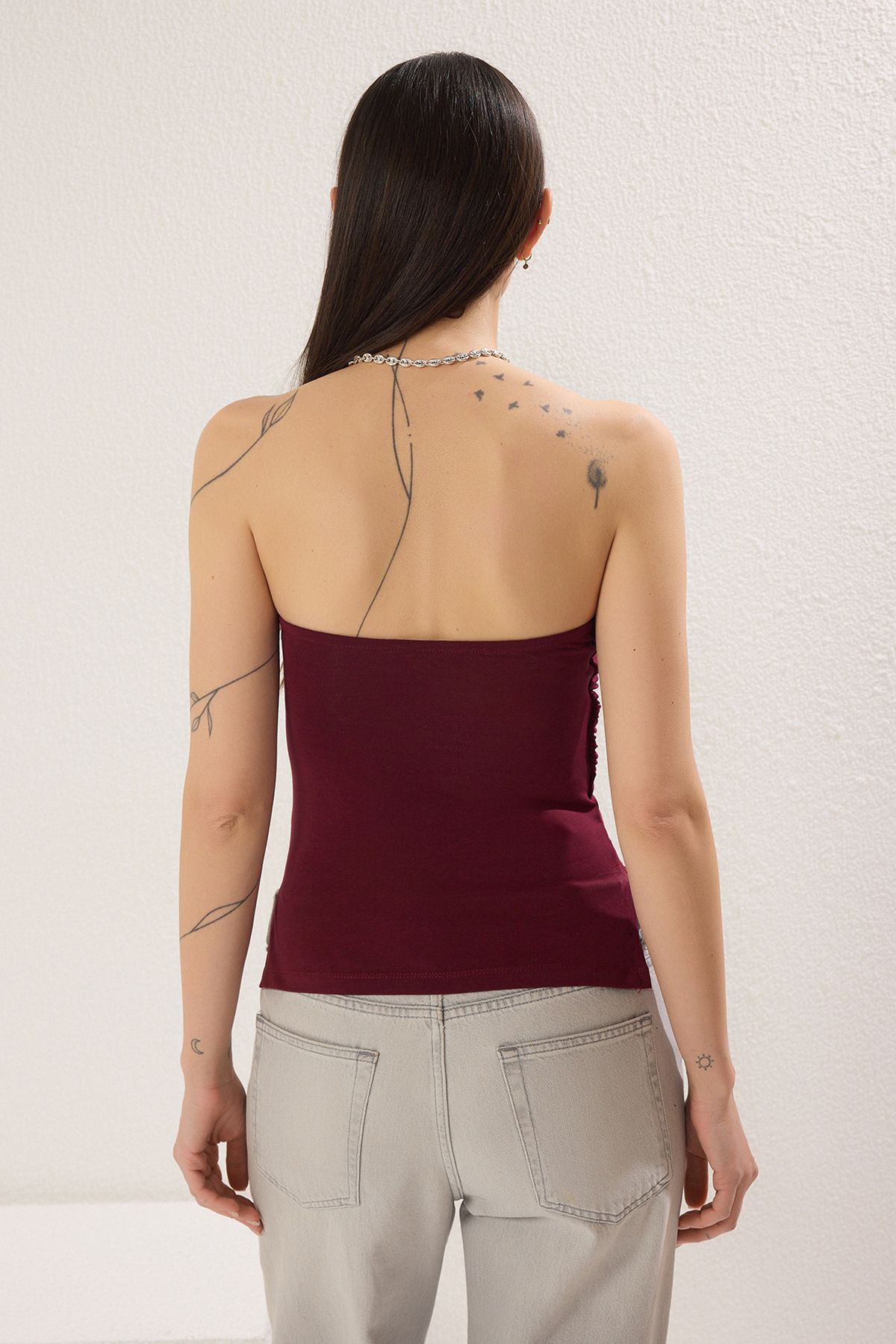 Trendyol Collection-100% bumbac fără bretele Prune: bluză tricotată cu detaliu cu șnur/drapaj 4