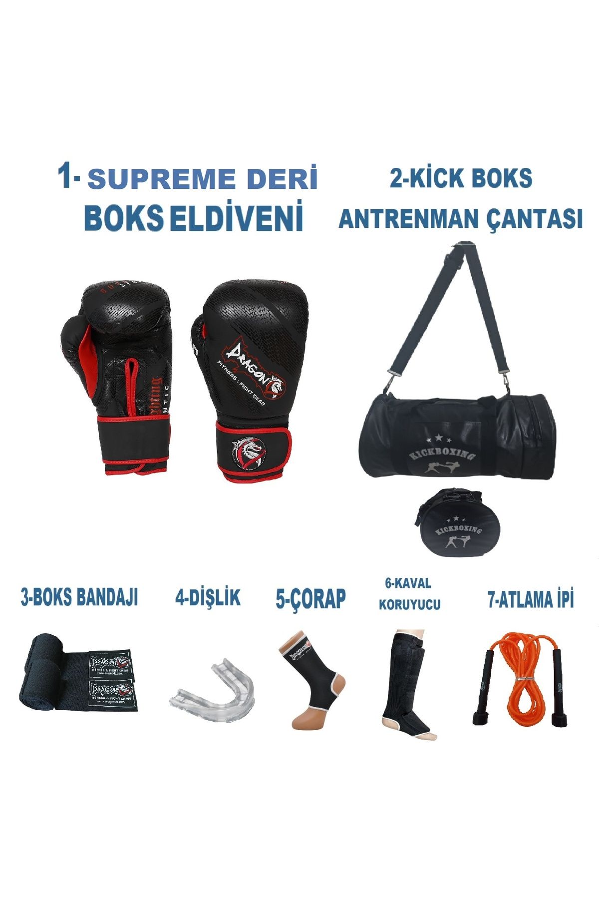 Dragondo Gifttoom, Kıck Boks Sporcu Çantalı antrenman Seti, Dragon Supreme Deri Boks Eldiveni ve Ekipmanı