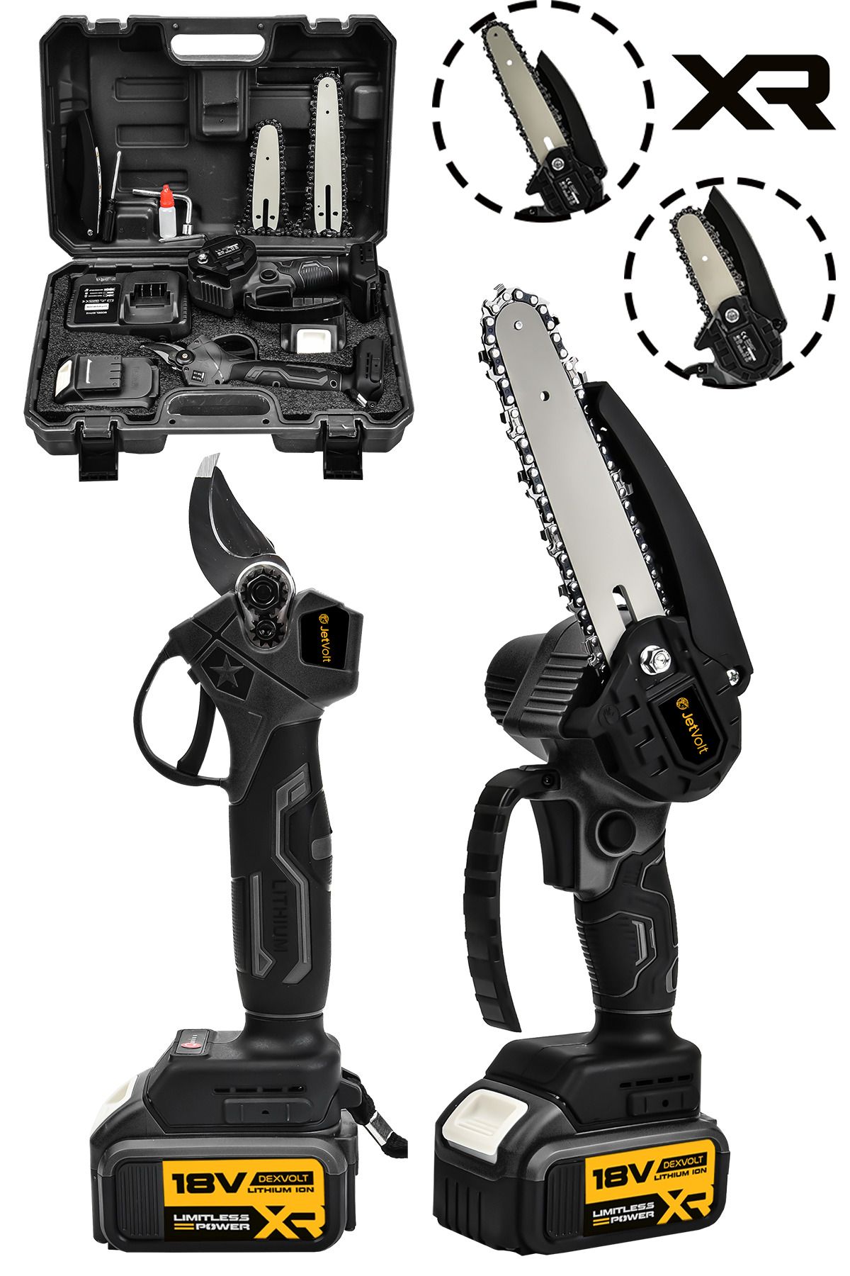 JetVolt 2'Li Set 18V 1.5Ah Çift Akülü Çelik Şanzıman Şarjlı Dal Budama & Testeresi - Siyah