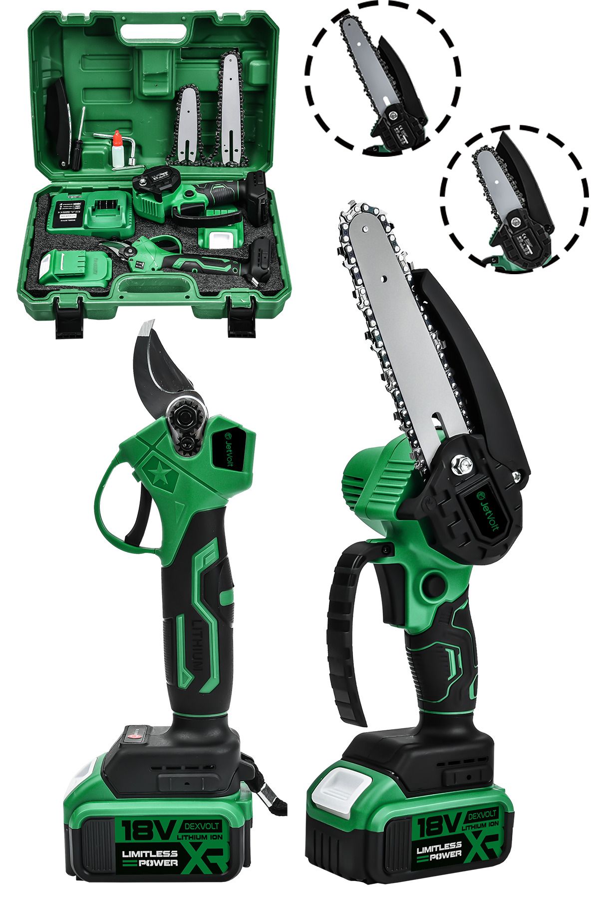 JetVolt 2'Li Set 18V 1.5Ah Çift Akülü Çelik Şanzıman Şarjlı Dal Budama & Testeresi - Yeşil