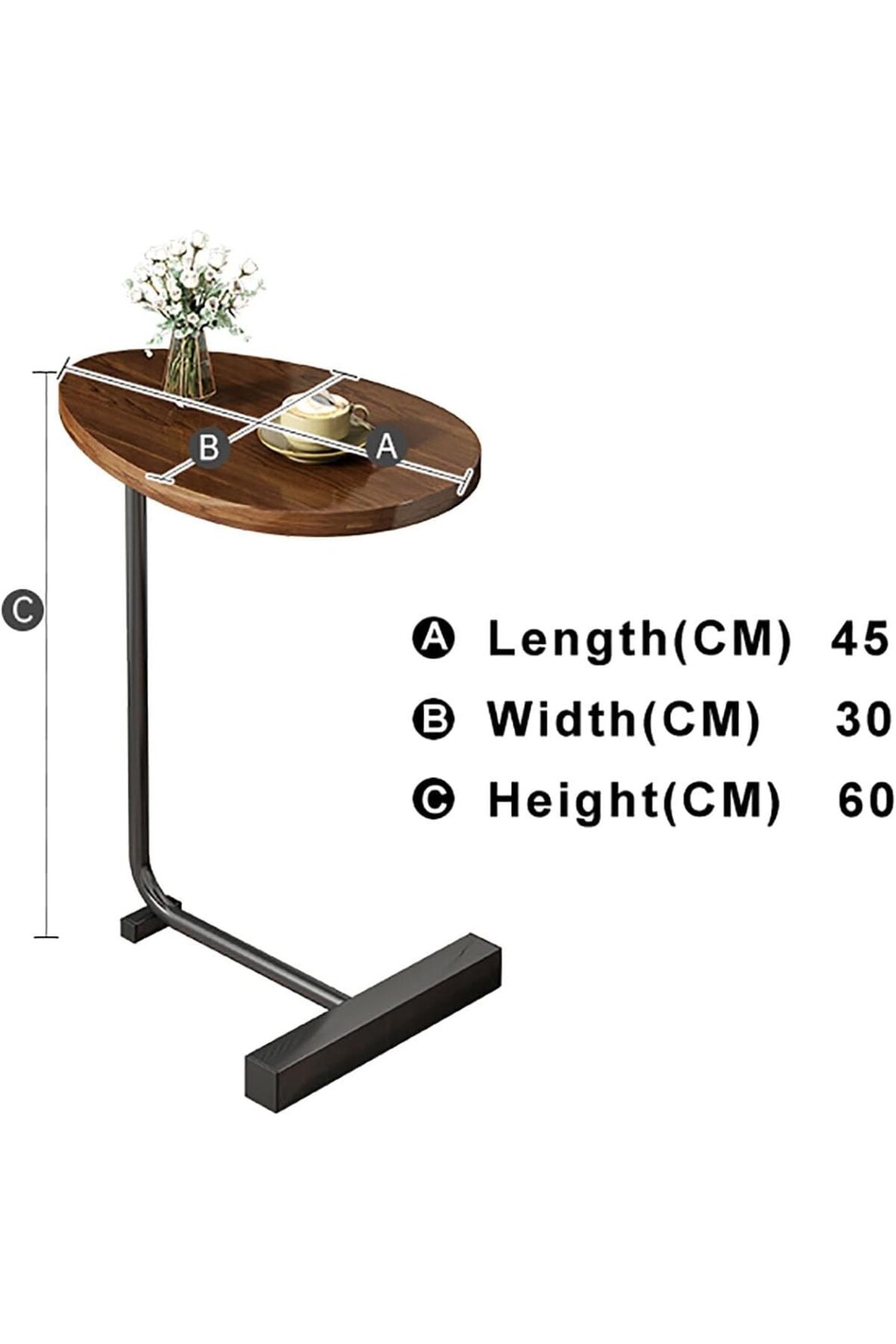 طاولة قهوة عصرية | طاولة جانبية علي شكل حرف سي سطح خشبي  وارجل معدنية باللون الأسود 60x45x30 سم