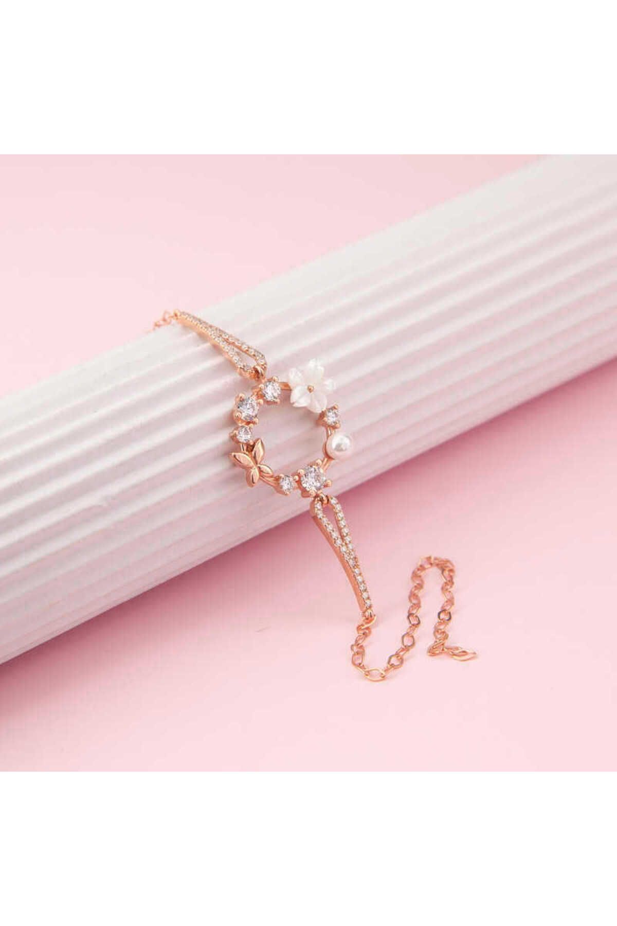 Findit Gümüş Rose Manolya Çiçeği Kelebek Kadın Bileklik GMS-T7455