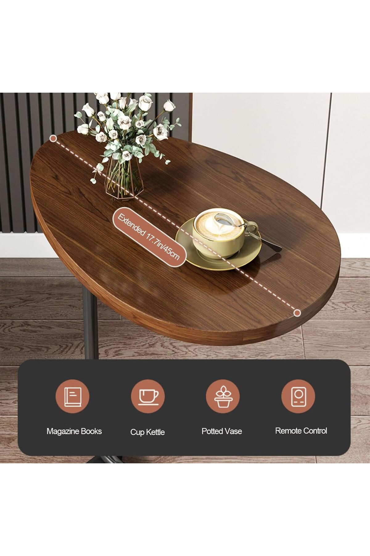 طاولة قهوة عصرية | طاولة جانبية علي شكل حرف سي سطح خشبي  وارجل معدنية باللون الأسود 60x45x30 سم