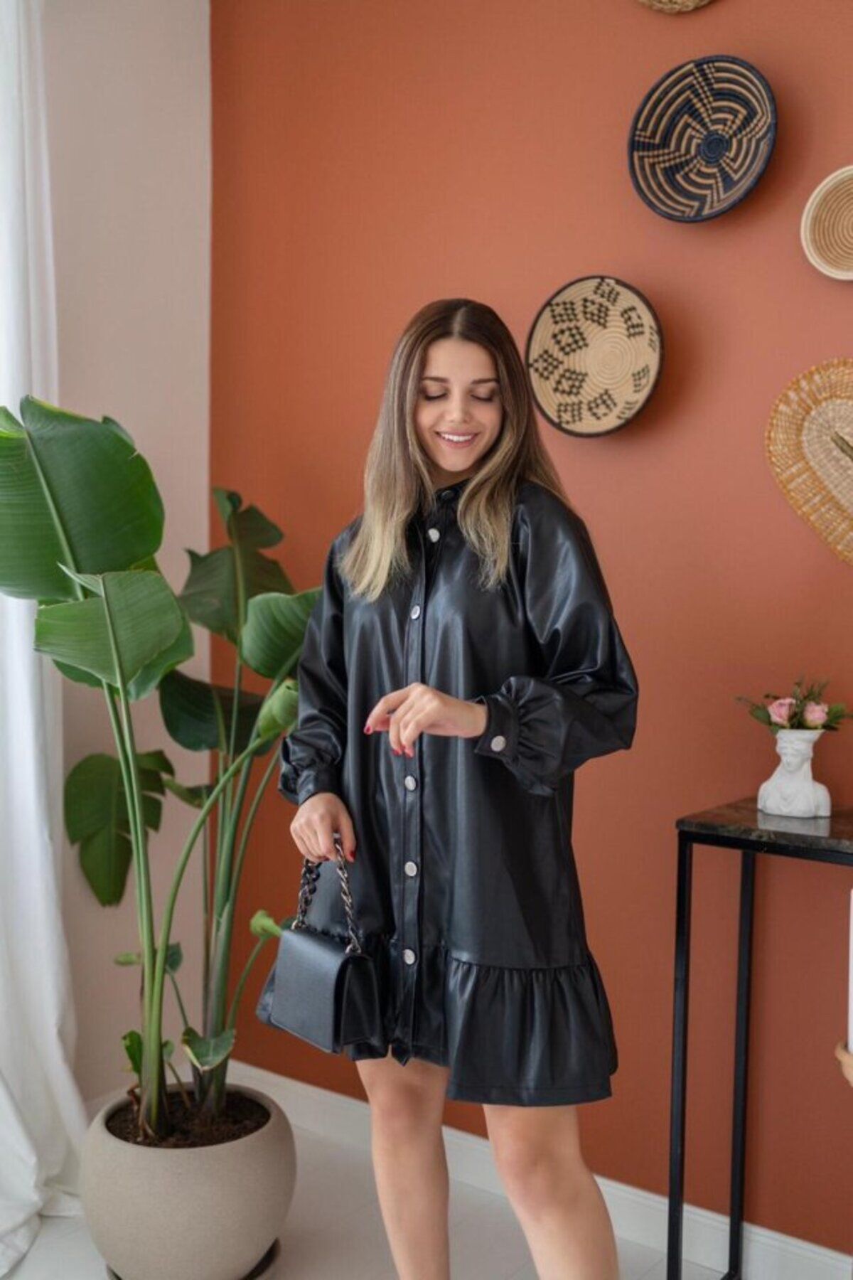 JANES Fusta Neagra Rochie din piele adunata- Trendyol