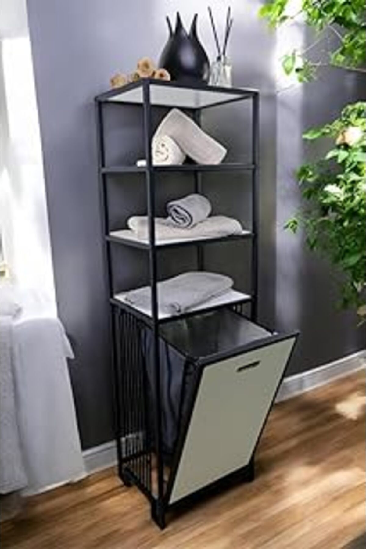 Qedii Digithome Metal Kirli Sepetli 4 Raflı Çok Amaçlı Banyo Düzenleyici Raf Organizer Siyah/Beyaz – Mrs-