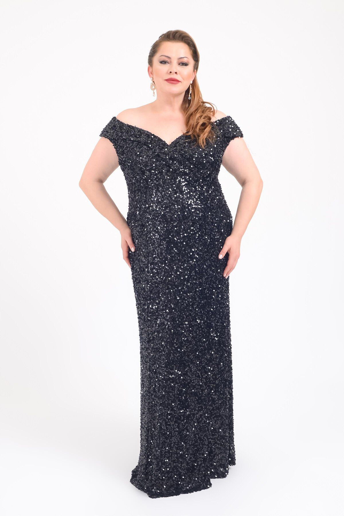LİLAS XXL-Black Sequined Long Plus Size Evening Dress 2