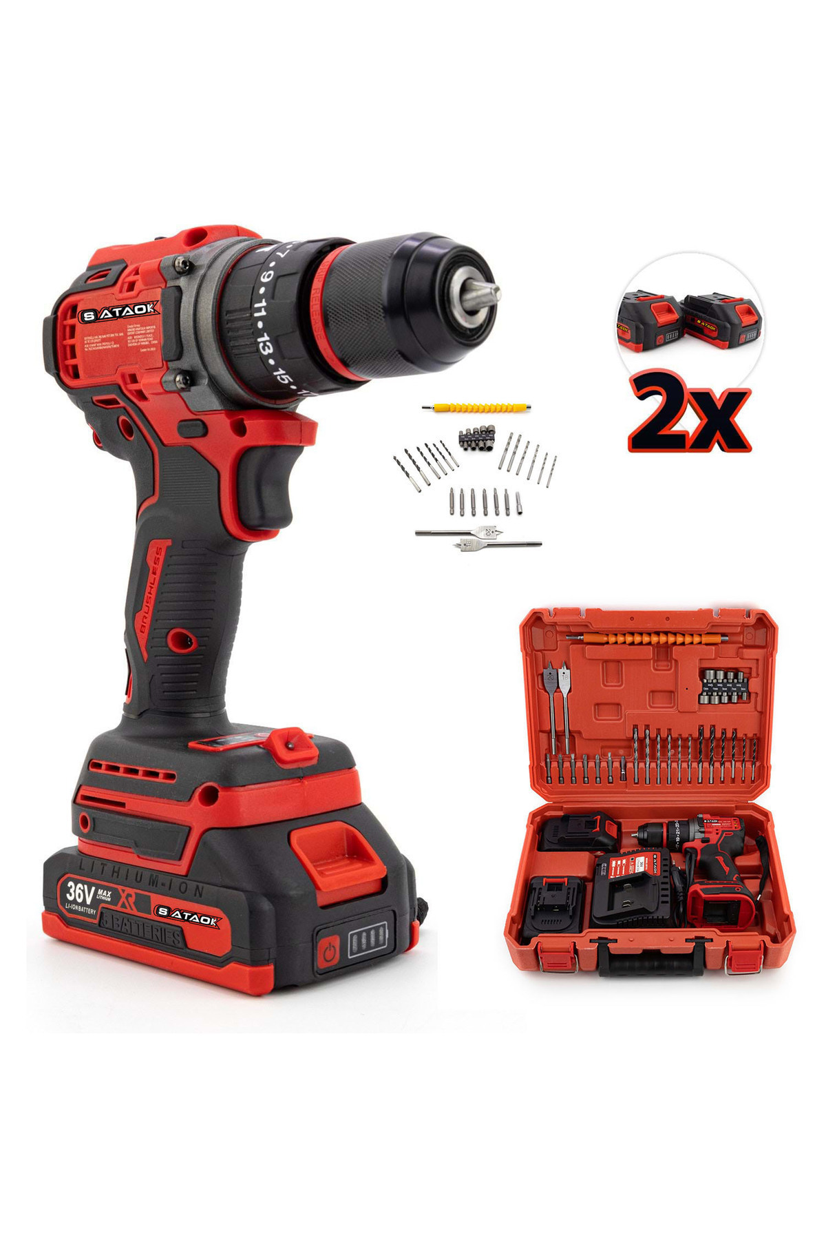 woodhub 36V 5Ah Kömürsüz Motor Çelik Mandren Akülü Vidalama Darbeli Şarjlı Matkap Seti Mavi-Beyaz