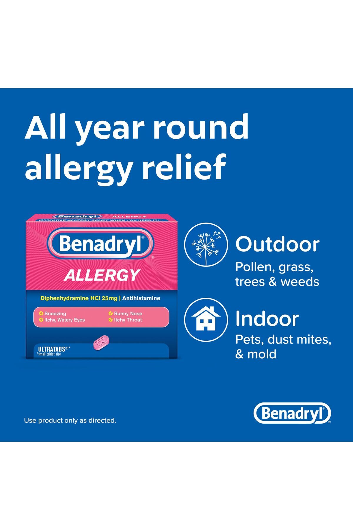 benadryl-Ultratabs Antihistamine, 25 mg Diphenhydramine HCl, 48 ct, Allergy & Cold Relief 2