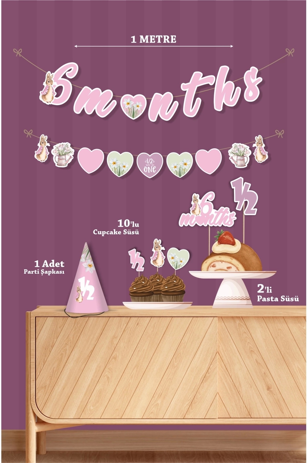 neşeli günlerim Pink Rabbit Pembe Tavşan Yarım Yaş Partisi Doğum Günü Seti 6 Months Party