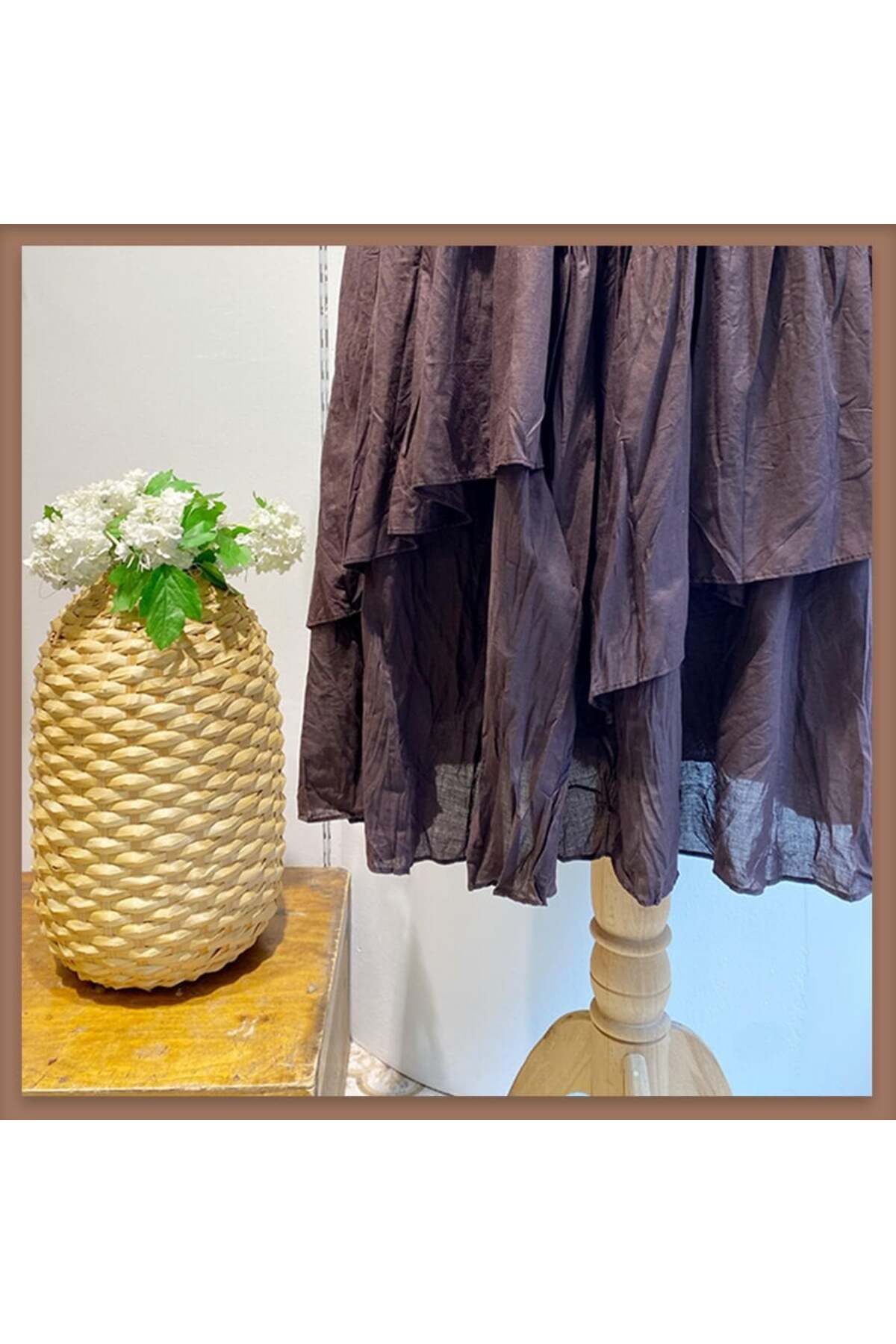 Faya Boutique  Acı kahve ajouter vual keten etek - Görsel 3