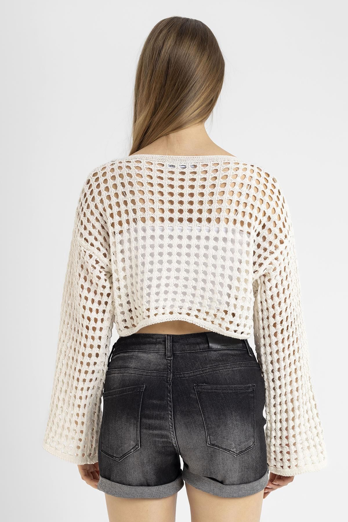 ŞİMAL-Women's Loose Mesh Short Sweater 250267   - 5
