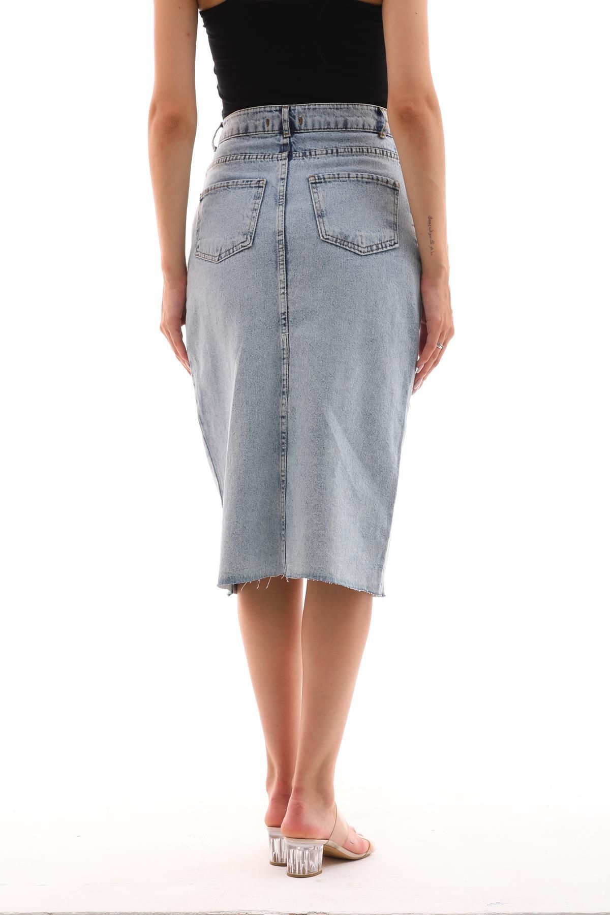 ŞİMAL-Fusta de damă din denim cu detaliu cu fantă în față 250369   - 5