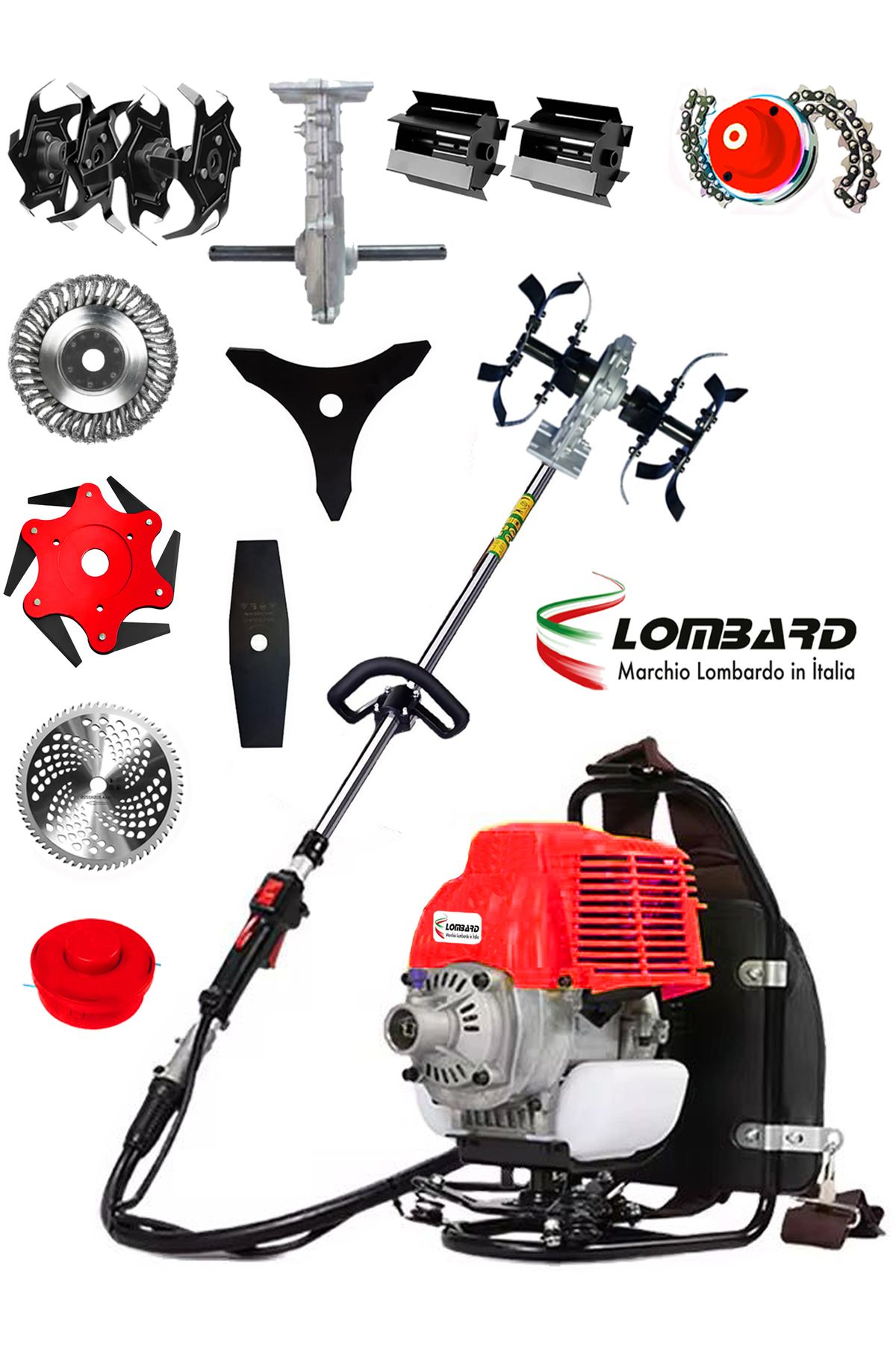 Cros LOMBARD İtalia 643 Plus VTEC 10 İn 1 Sırt Tipi Ot Çim Biçme Tırpanı + Toprak Eşeleme+ Akrobat Çapa Aparatı