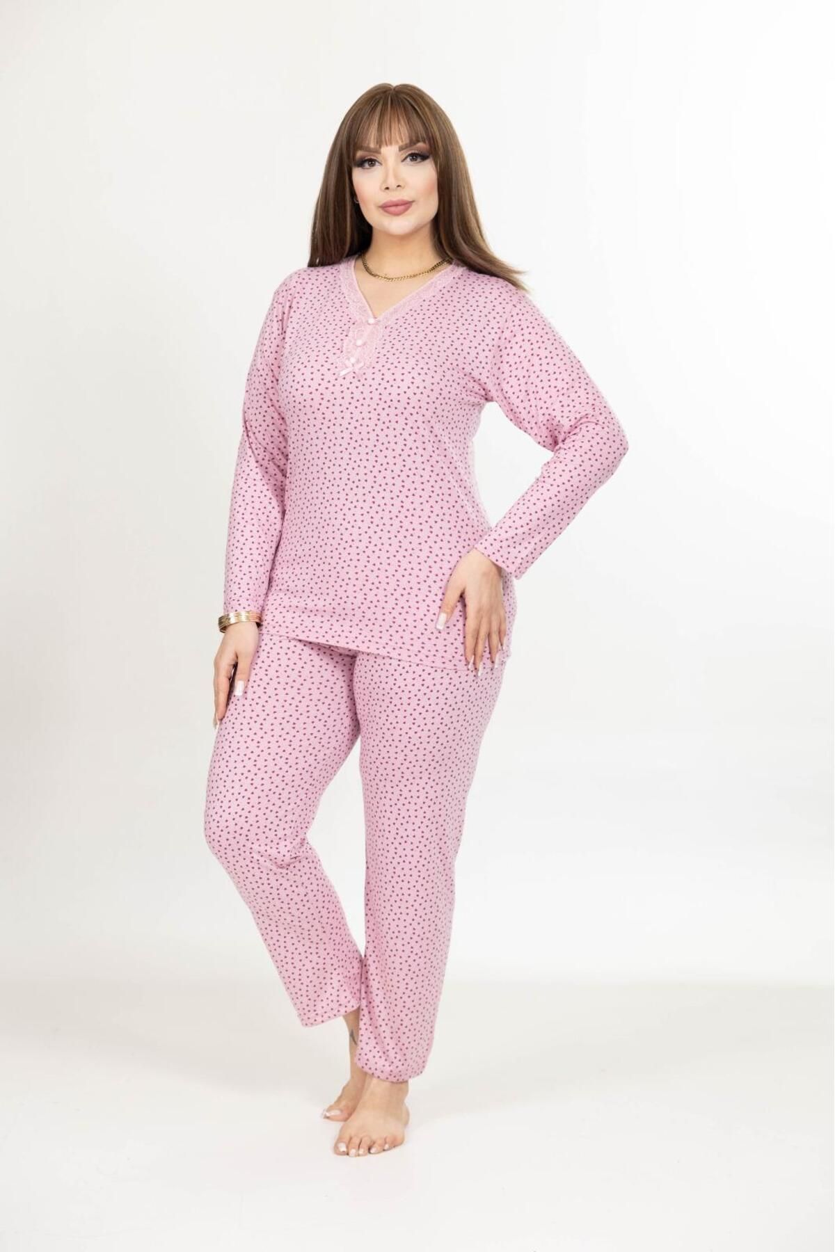 Elit-Women's Large Size Lace Collar Buttoned Long Sleeve Combed Cotton Pink Heart Mother Pajama Set 1