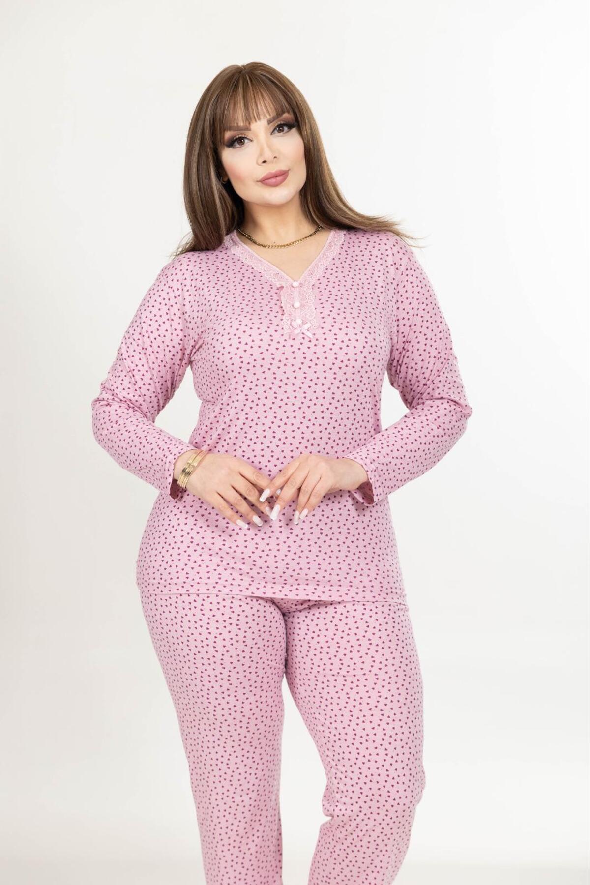 Elit-Women's Large Size Lace Collar Buttoned Long Sleeve Combed Cotton Pink Heart Mother Pajama Set 4