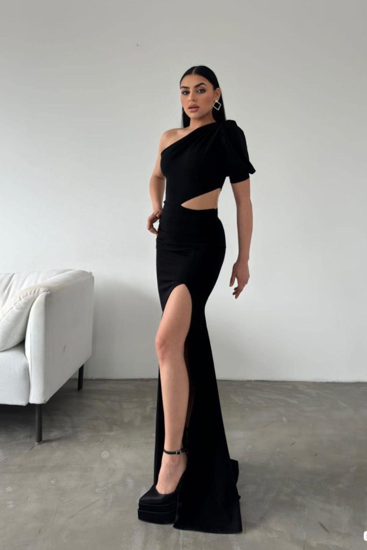 Mossta-One Shoulder Low-Cut Long Evening Dress Black 2