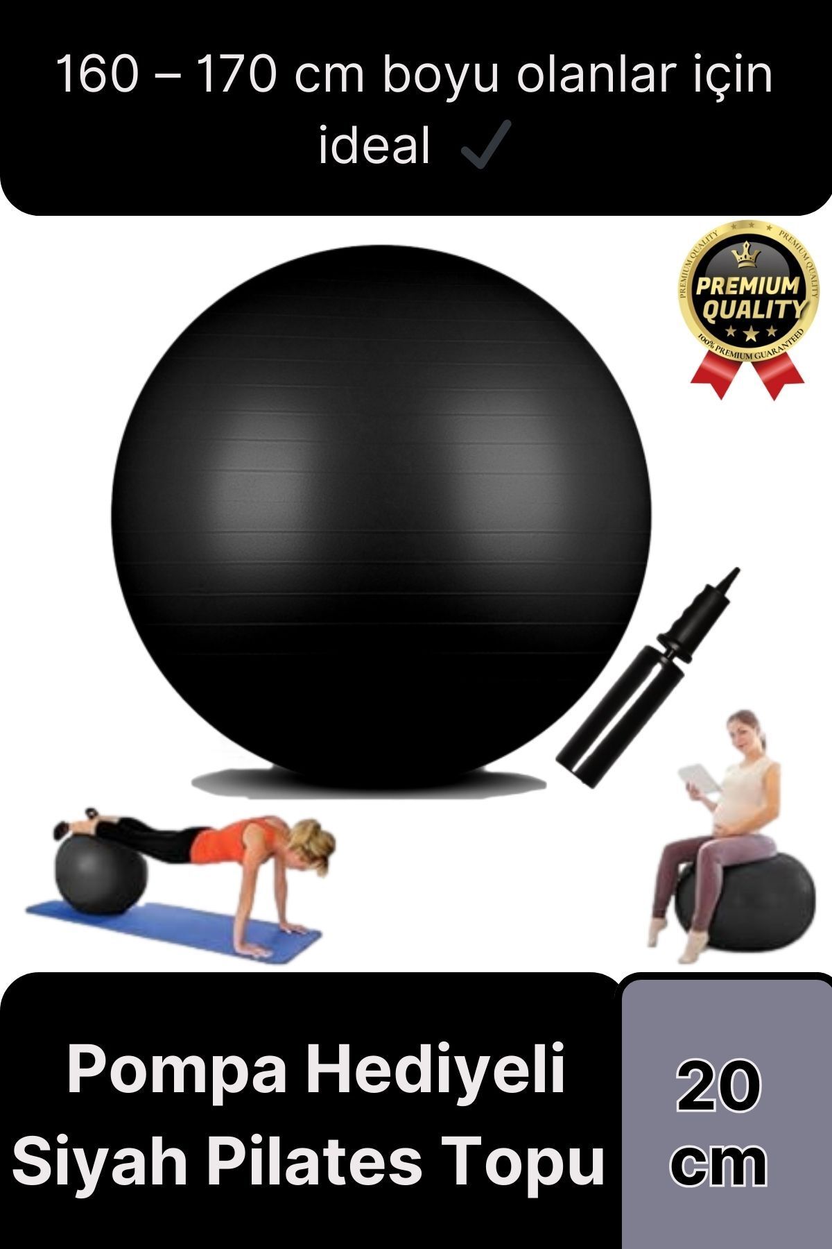 Svein Premium Mini Gymball 20cm Jimnastik Denge Fitness Spor Şişirme Pompası Hediyeli Siyah Pilates Topu