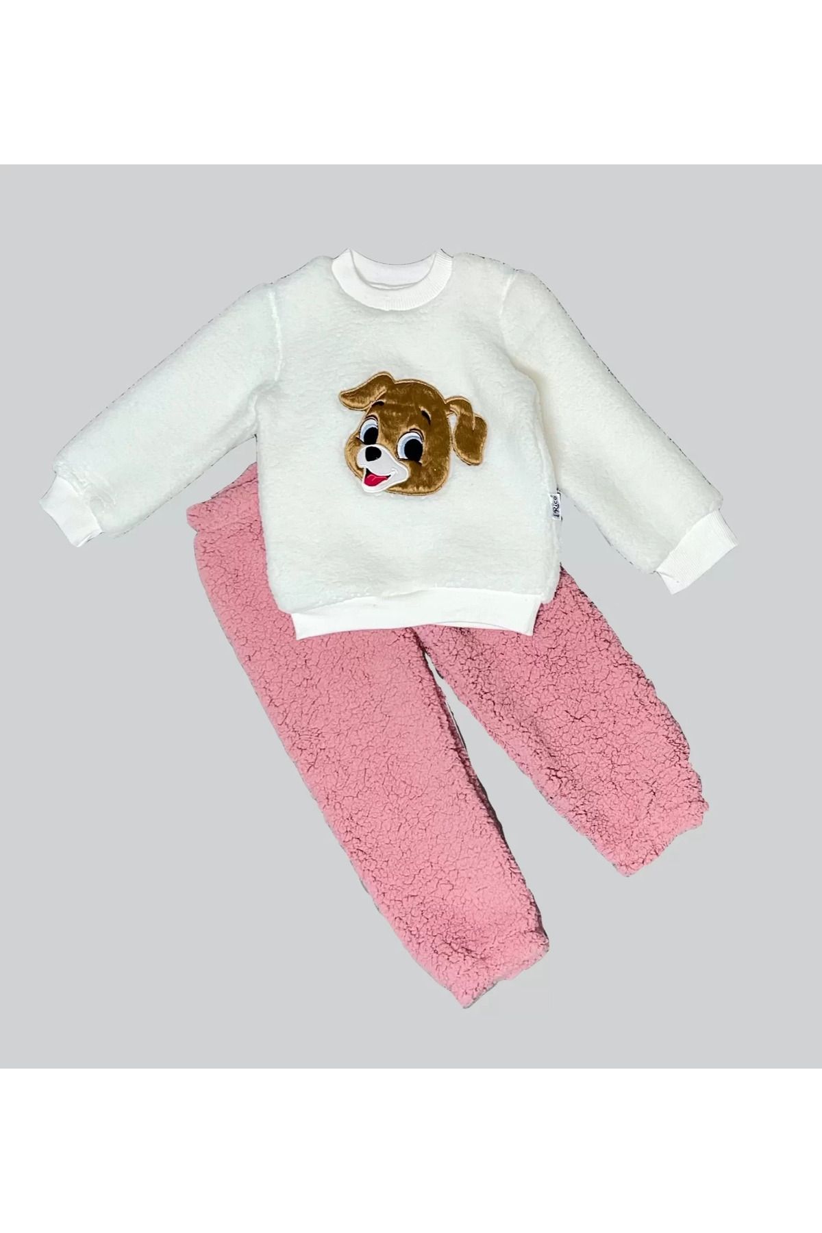 dalinda 1-2-3 Yaş Mutlu Köpekcik Nakışlı Kuzu Kumaş Sweat Patili Pantolon Uzun Kollu Kız Erkek 2 Li Takımı