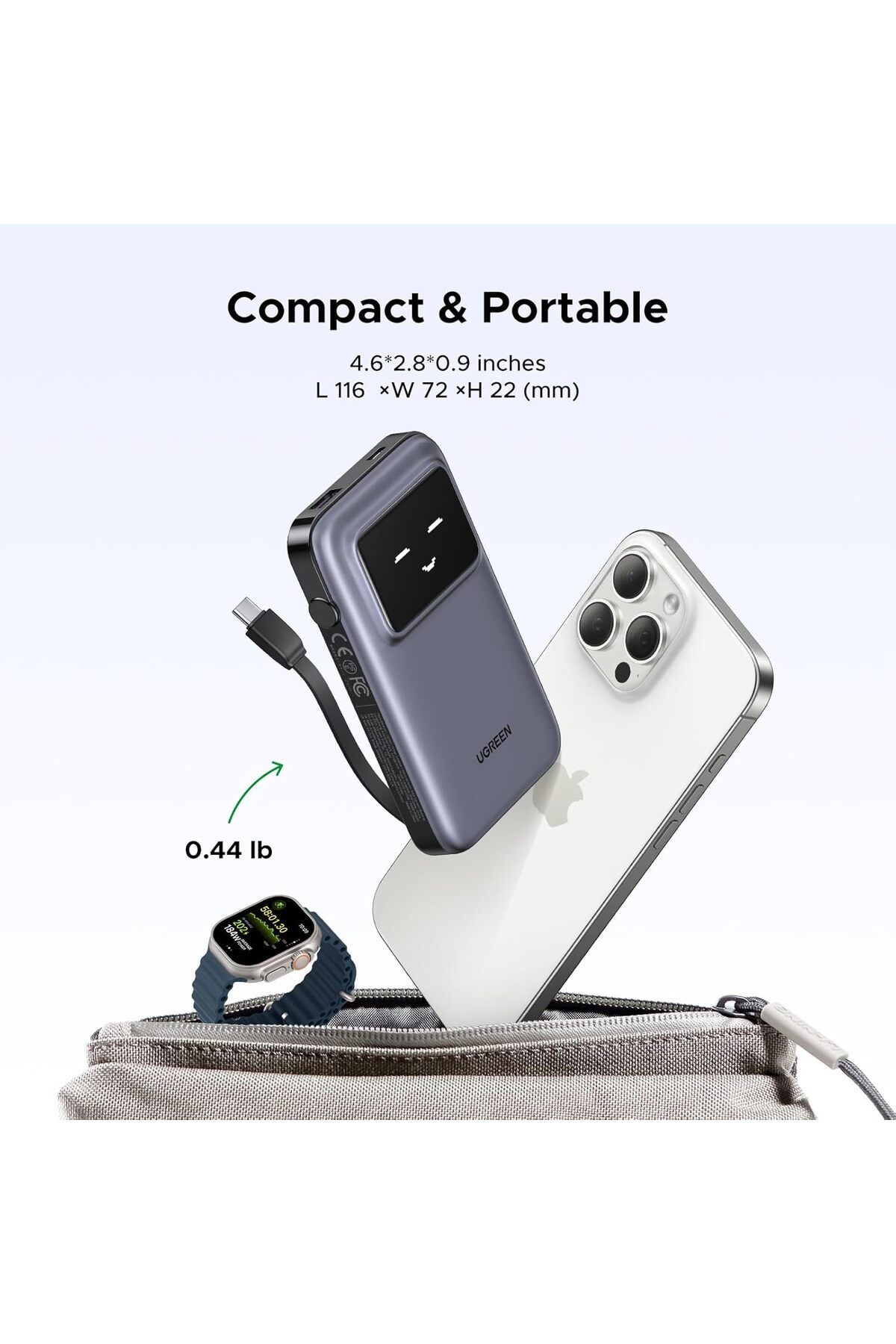 Ugreen-Uno Power Bank with Built-in USB-C Cable, 10000mAh, PD 30W, 3-Way Output with
TFT Display 6