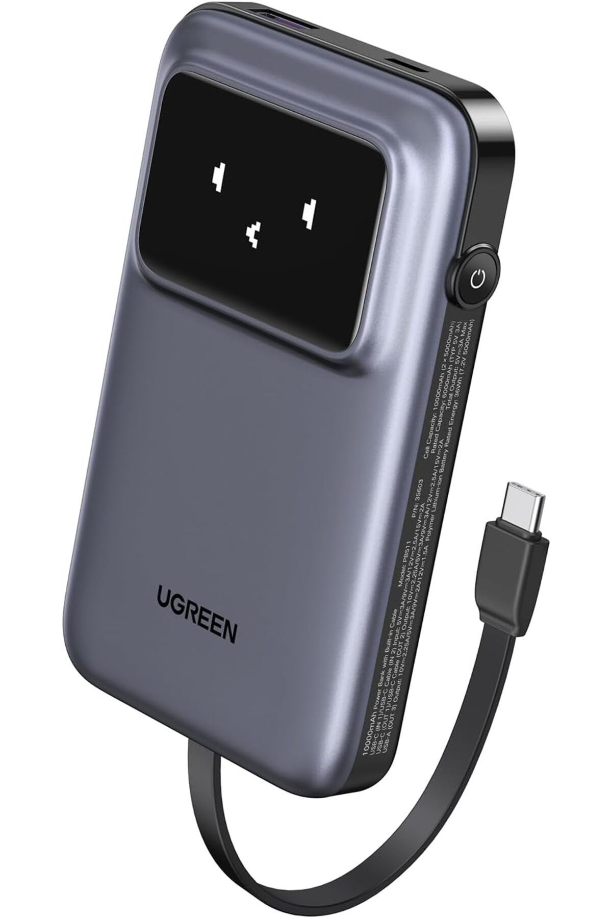 Ugreen-Uno Power Bank with Built-in USB-C Cable, 10000mAh, PD 30W, 3-Way Output with
TFT Display 1