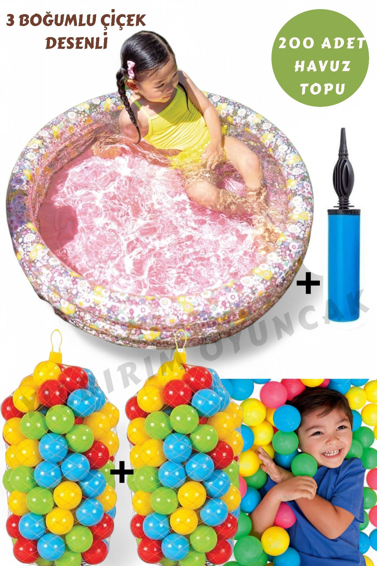 YILDIRIM OYUNCAK 3 Boğumlu Şişme Tabanlı Çiçek Desenli Bebek Çocuk Havuzu 86x25cm 200 Adet Havuz Topu 6 cm Pompalı
