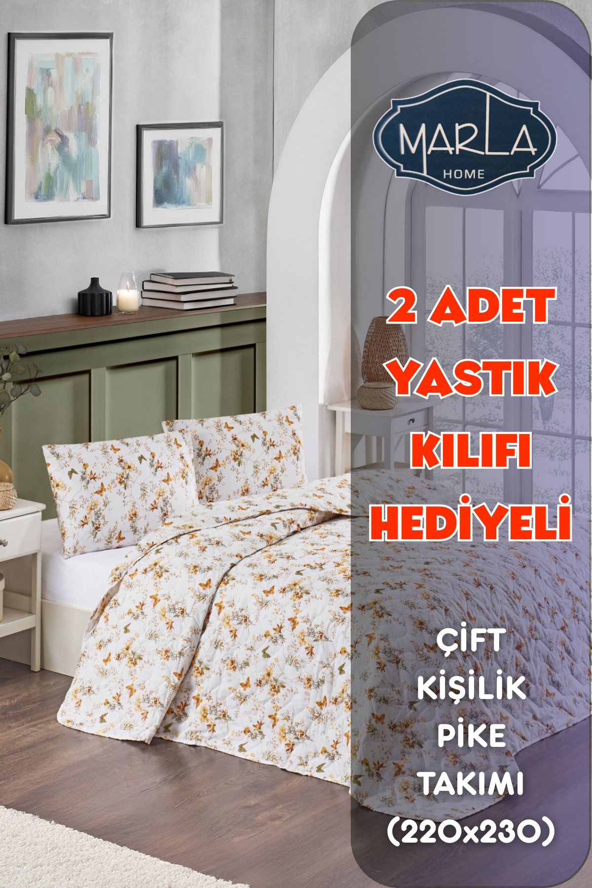 MARLA HOME Çift Kişilik Pike Yatak Örtüsü Takımı|220x230 Cm|2 Adet Yastık Kılıflı |çok Amaçlı Battaniye|pamuklu