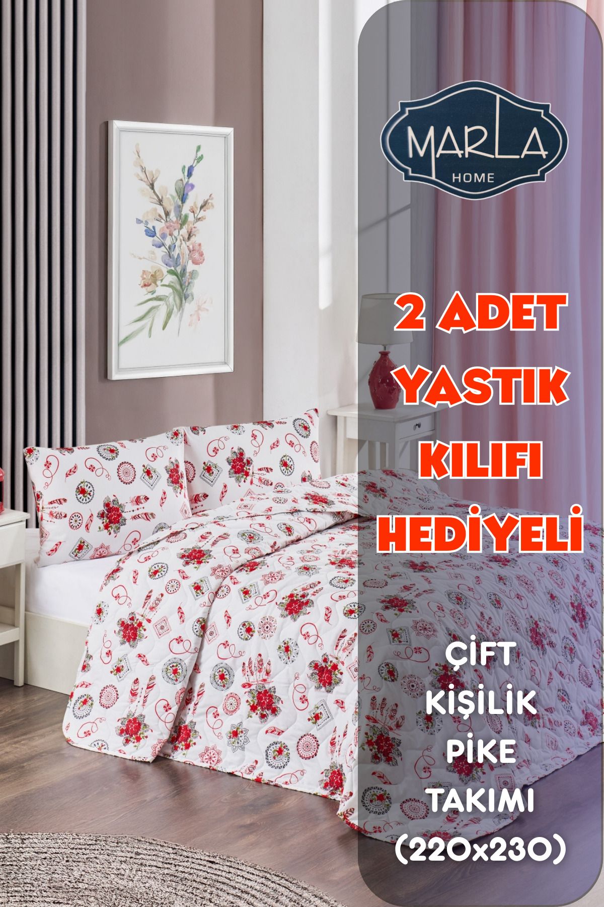 MARLA HOME Çift Kişilik Pike Yatak Örtüsü Takımı|220x230 Cm|2 Adet Yastık Kılıflı |çok Amaçlı Battaniye|pamuklu