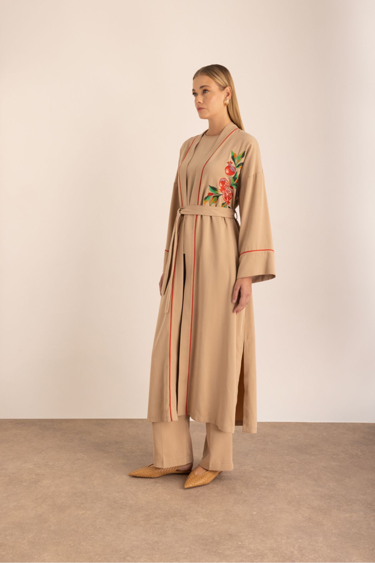 Aker-Belted Kimono with Contrast Piping and Embroidery Detail 4