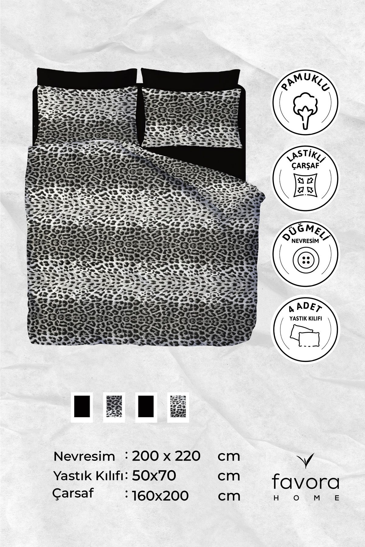 FAVORA-Black Leopard Patterned Double Duvet Cover Set with Elastic Sheets 8