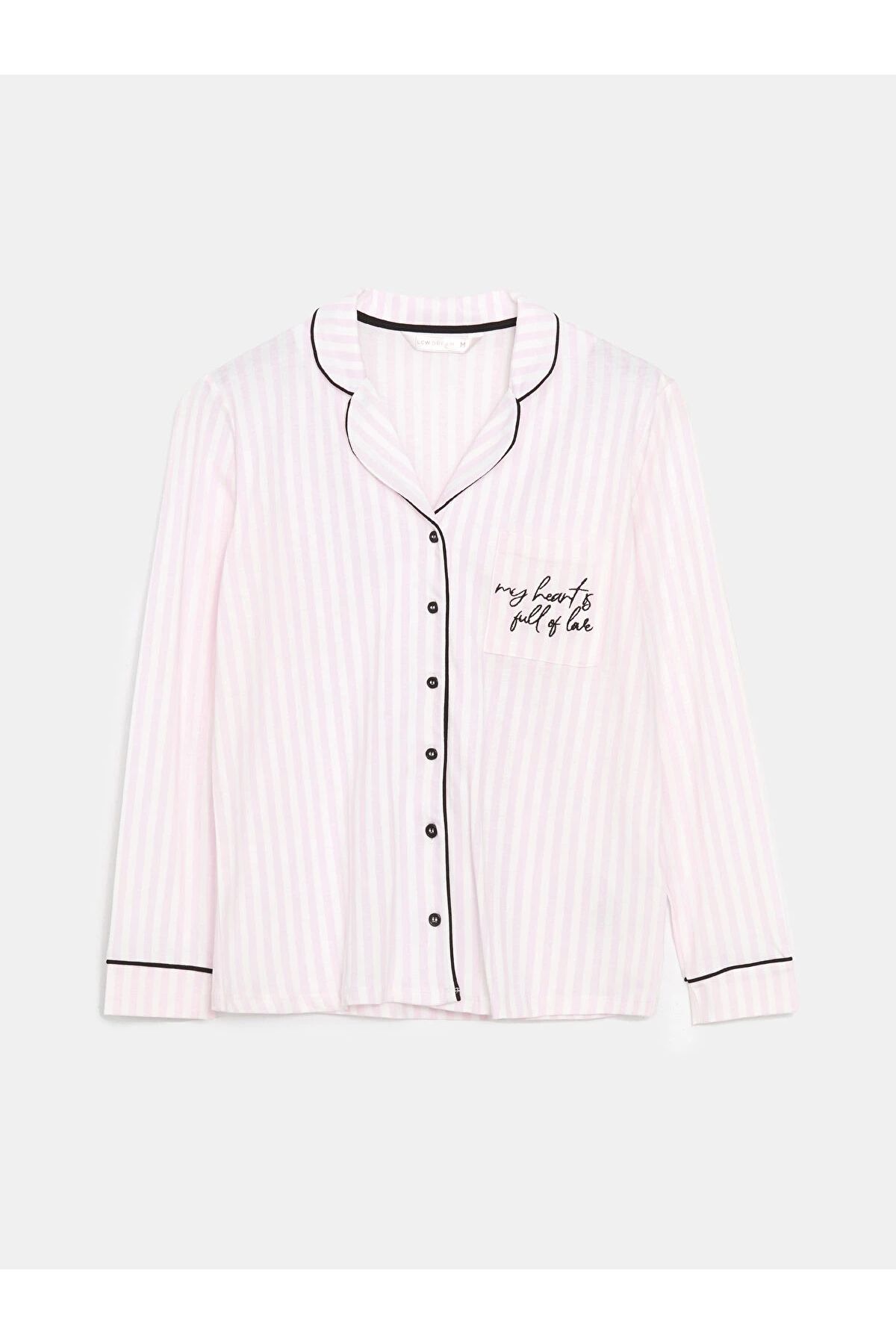 LC Waikiki-Set de pijamale LCW DREAM Ecru cu guler de cămașă brodat pentru femei 6