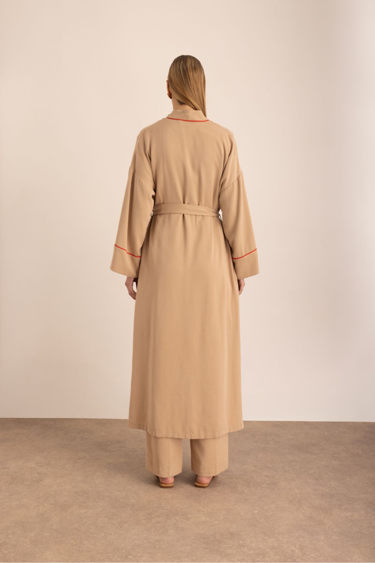 Aker-Belted Kimono with Contrast Piping and Embroidery Detail 6