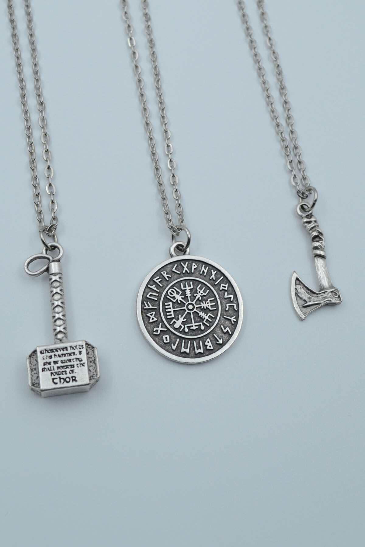 3-Piece Thor Hammer Viking Axe Viking Compass Silver Plated Necklace Set