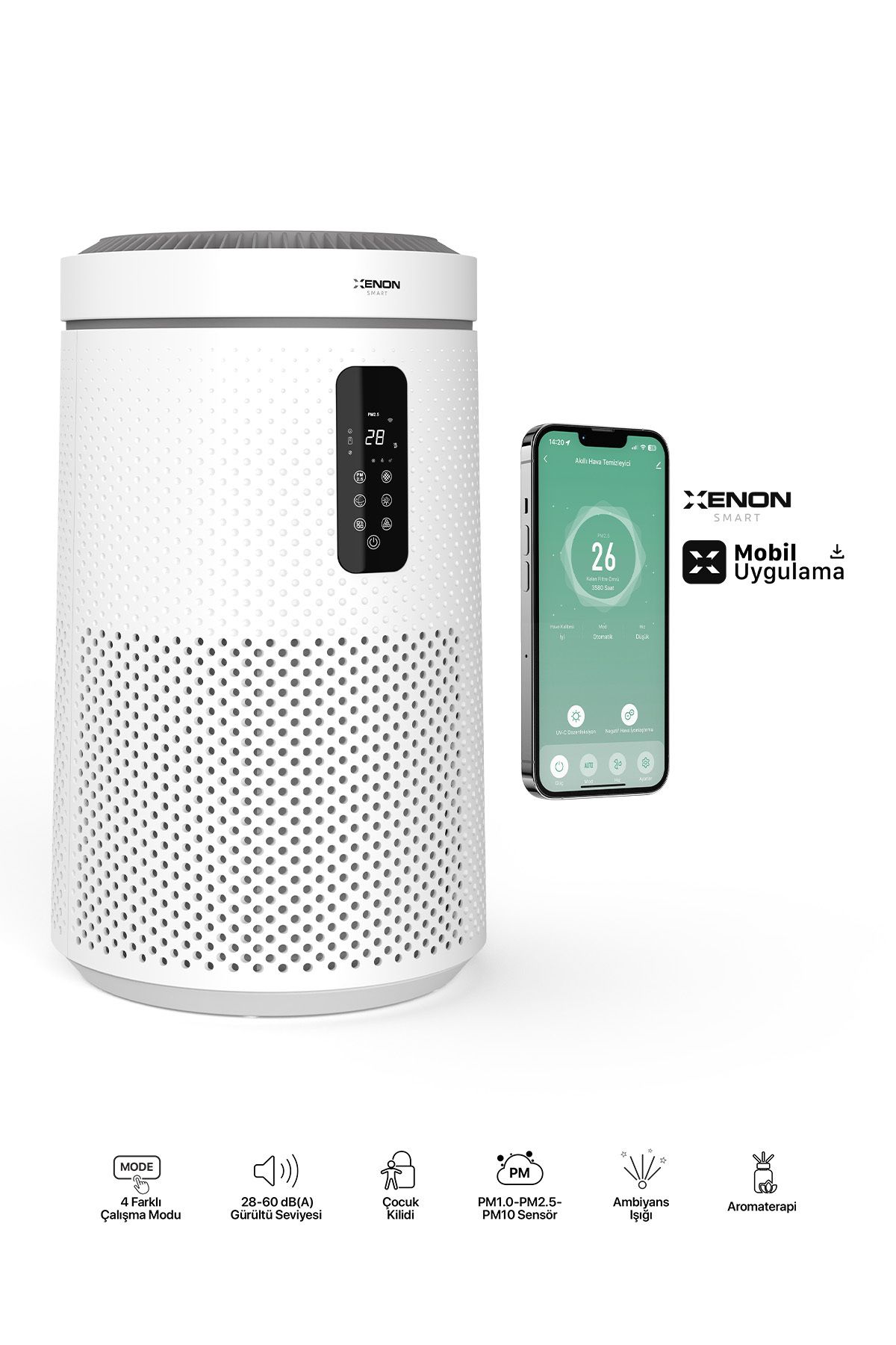 Xenon Smart Akıllı Hava Temizleyici Wi-Fi Mobil Uygulama 50 m2 CADR 360m³/s Gece Lambalı HEPA13 Air Purifier