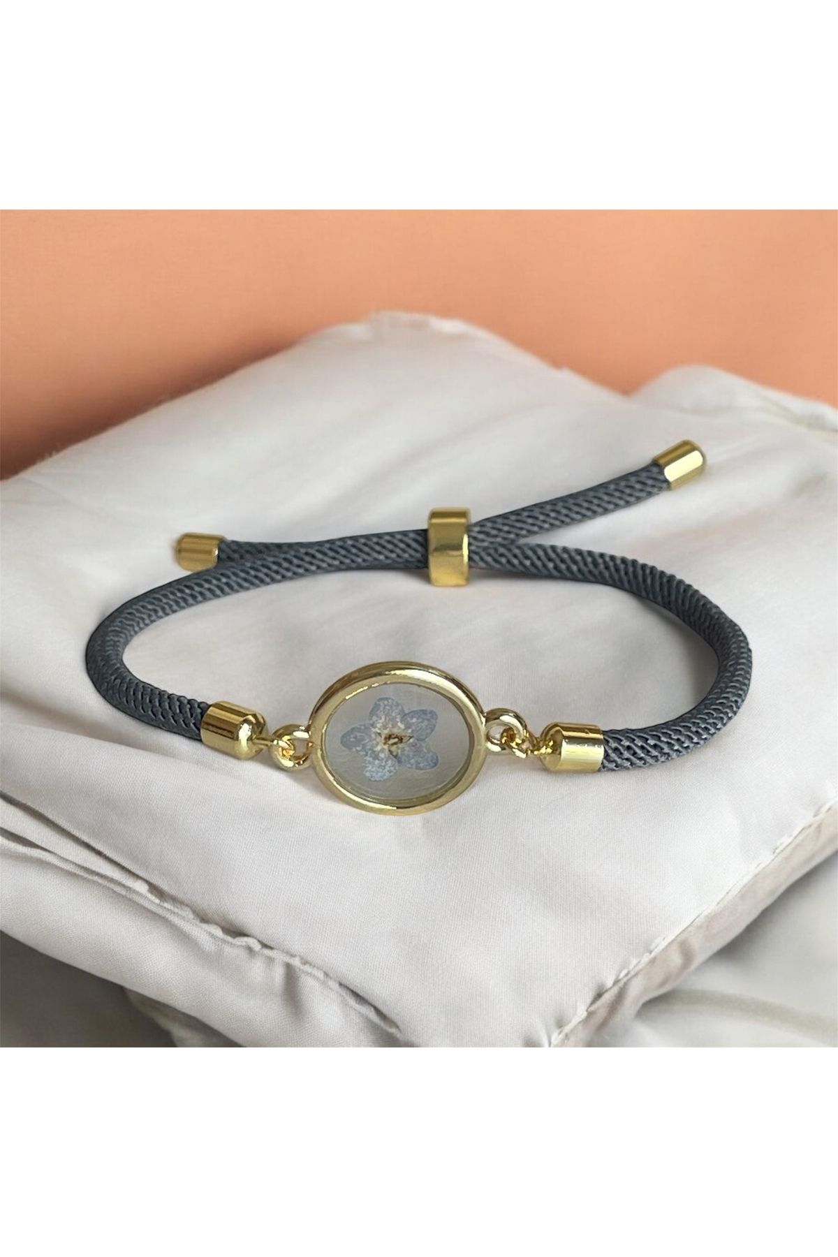 maycollection-Gold Frame True Forget Me Not Flower Adjustable Gray Cord Rope Design Bracelet 6