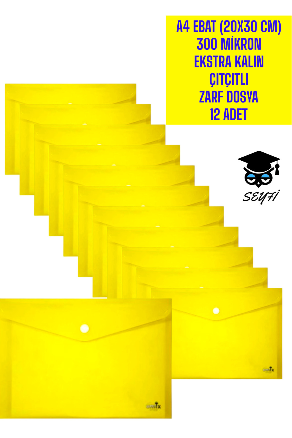 SEYFİKİRTASİYE A4 EBAT (20X30 CM) 300 MİKRON EKSTRA KALIN PLASTİK ÇITÇITLI ZARF DOSYA 12 ADET