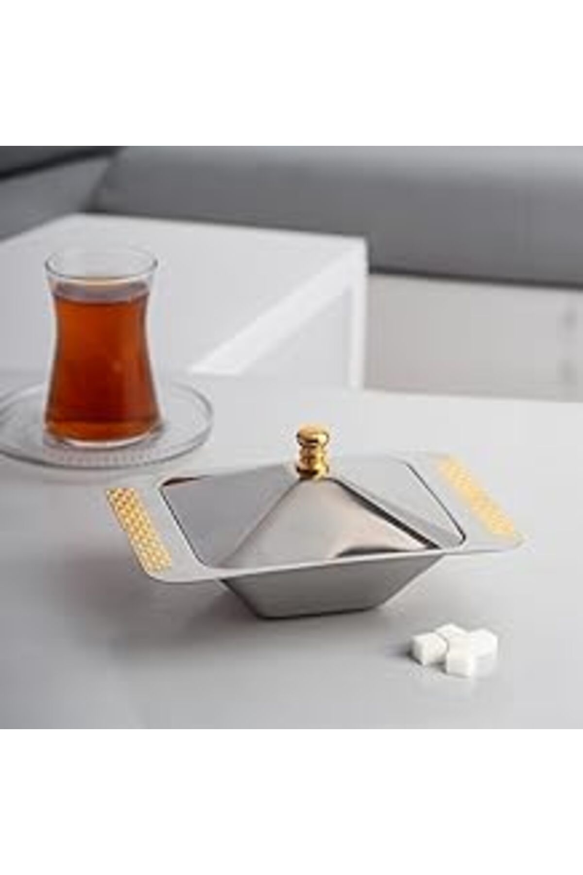 Mu Art Nehir Sırma Altın Saten 18/10 Paslanmaz Çelik Şekerlik Kapaklı Şekerlik İkramlık