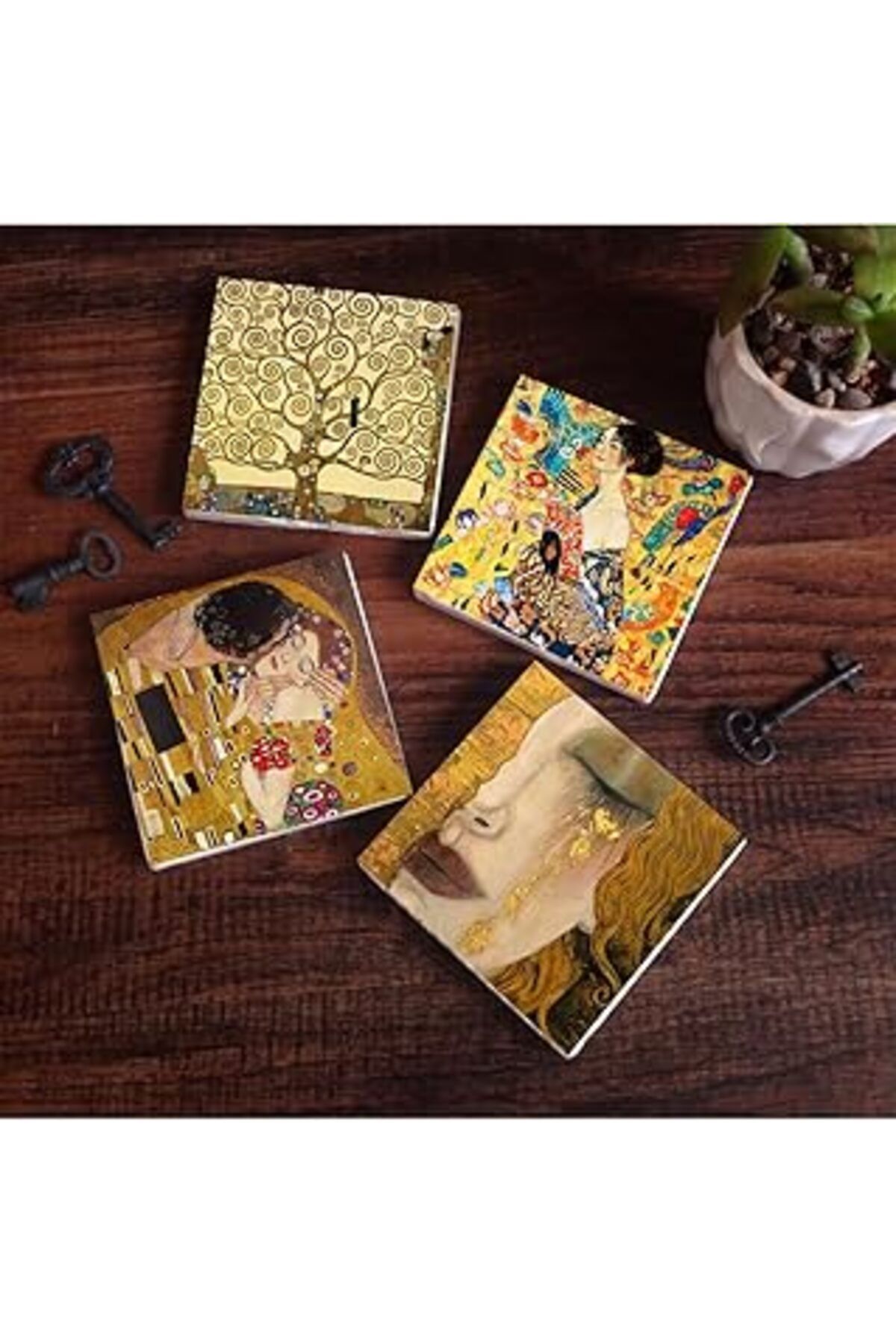Mu Art Pinecone Gustav Klimt Yelpazeli Kadın, Altın Gözyaşları, Öpücük, Hayat Ağacı Taş Bardak Altlığı Set