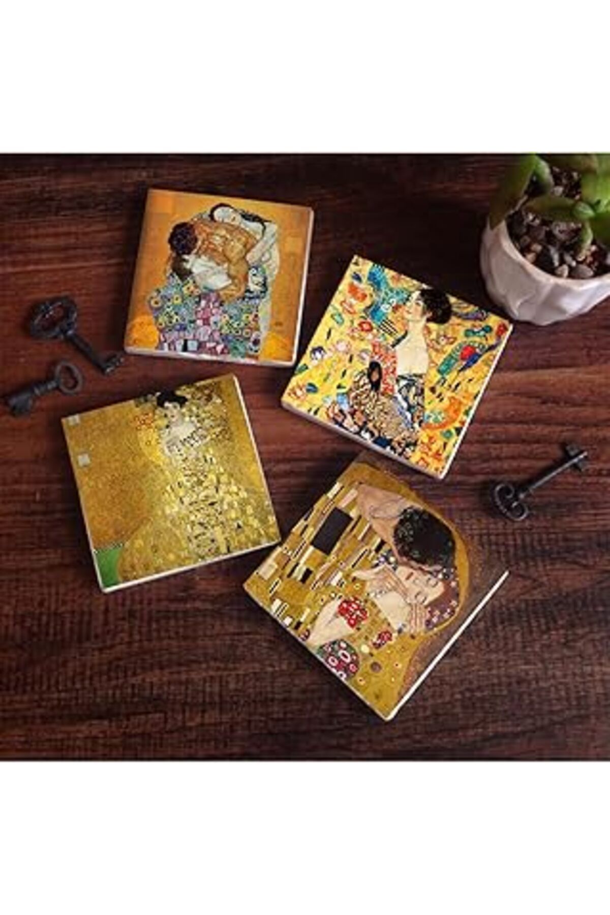 Mu Art Pinecone Gustav Klimt Yelpazeli Kadın, Bauer'In Portresi, Aile Kucaklama, Öpücük Taş Bardak Altlığı