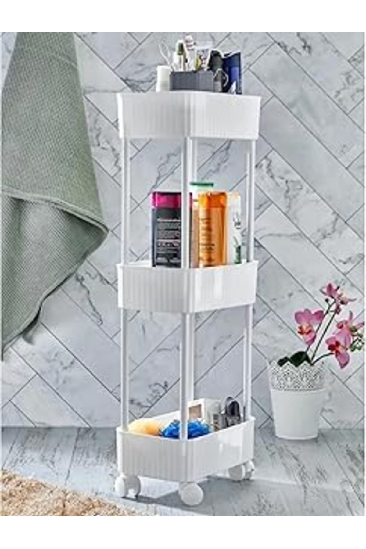 Mu Art Tekerlekli 3 Katlı Üç Bölmeli Çok Amaçlı Raf Ünitesi Banyo Ve Mutfak Organizer Düzenleyici