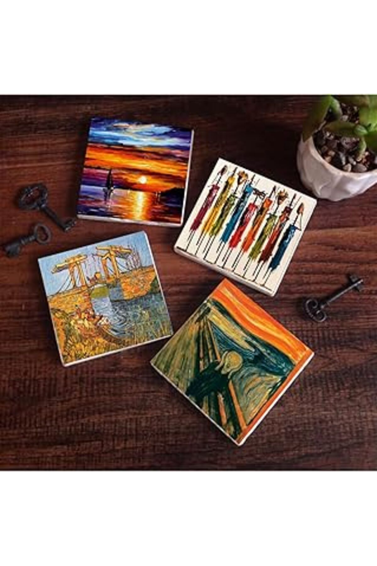 Mu Art Pinecone Van Gogh Arles'Te Langlois Köprüsü, Çığlık, Yerli Kadınlar, Deniz Manzarası Taş Bardak Alt