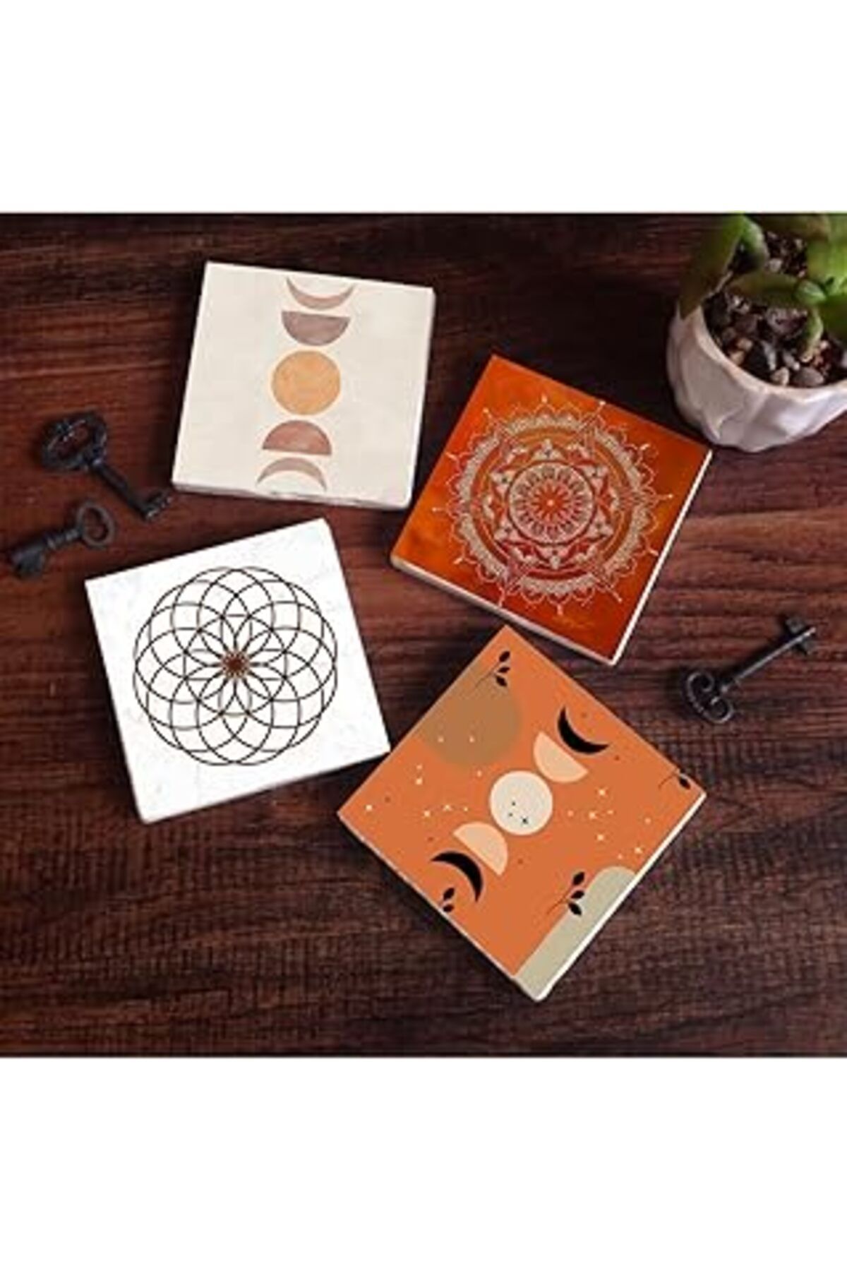 Mu Art Ahşap Pinecone Bohem, Minimalist Soyut, Yaşam Çiçeği, Mandala Taş Bardak Altlığı Seti - 4 Parça - Dekorat