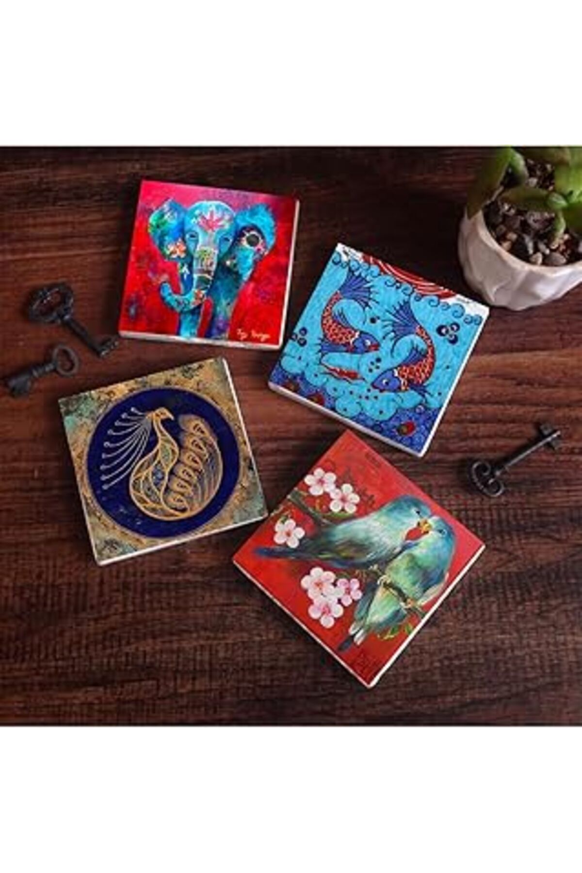 Mu Art Pinecone Fil, Kuş, Tavus Kuşu, Çini Sanatı Balık Taş Bardak Altlığı Seti - 4 Parça - Dekoratif, Rus