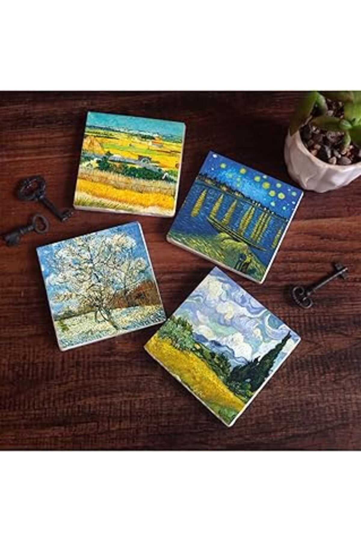 Hepta Collection Pinecone Van Gogh Buğday Tarlası, Şeftali Ağacı, Hasat Manzarası, Ren Nehri’Nde Bir Gece Taş Bardak