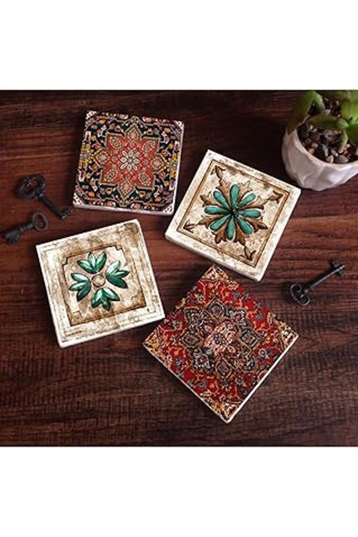 Mu Art Ahşap Pinecone Desen, Fas Desenli Vintage Taş Bardak Altlığı Seti - 4 Parça - Dekoratif, Rustik Mutfak Ak