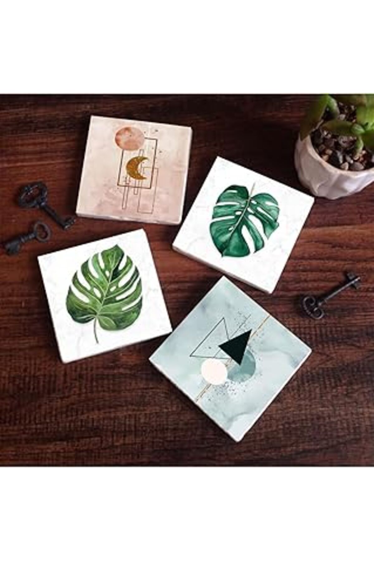 Pazarcan Pinecone Minimalist Soyut, Yaprak Taş Bardak Altlığı Seti - 4 Parça - Dekoratif, Rustik Mutfak Akse