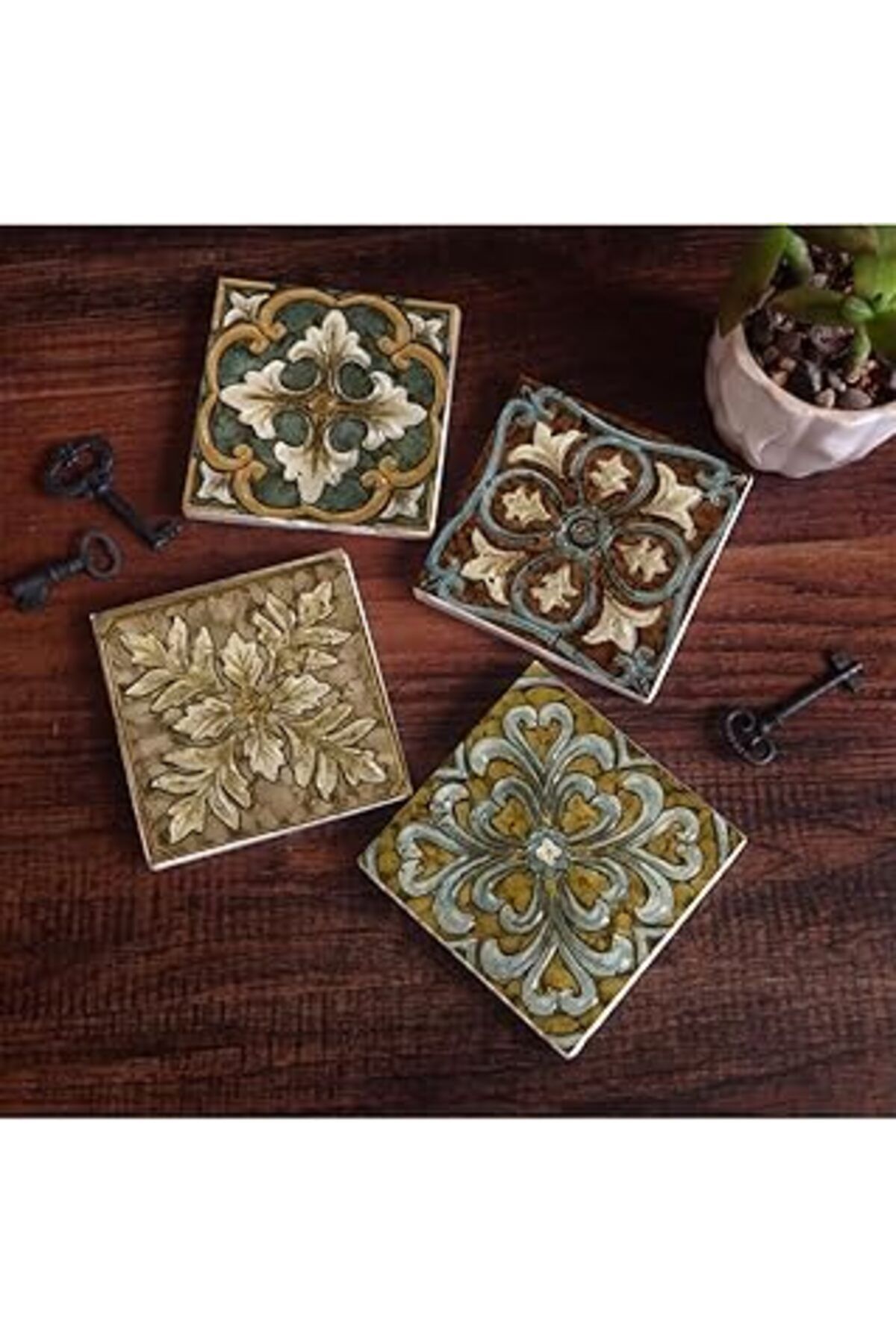 Pazarcan Pinecone Desen Taş Bardak Altlığı Seti - 4 Parça - Dekoratif, Rustik Mutfak Aksesuarı, 10X10 Cm, Ka