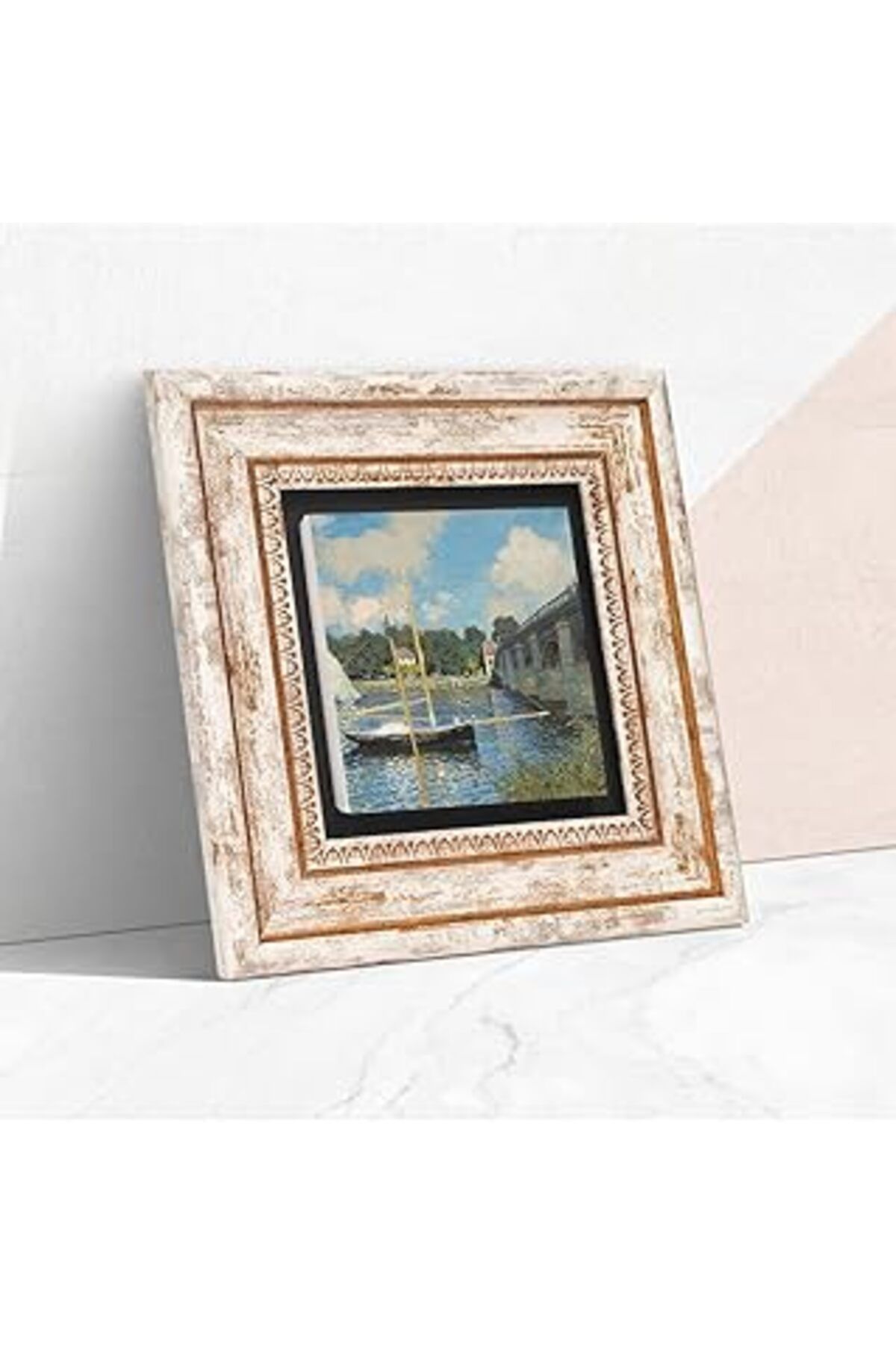 Pazarcan Pinecone Claude Monet Argenteuil'De Köprü Taş Duvar Tablosu - Çerçeveli Taş Tablo - Dekoratif Duvar